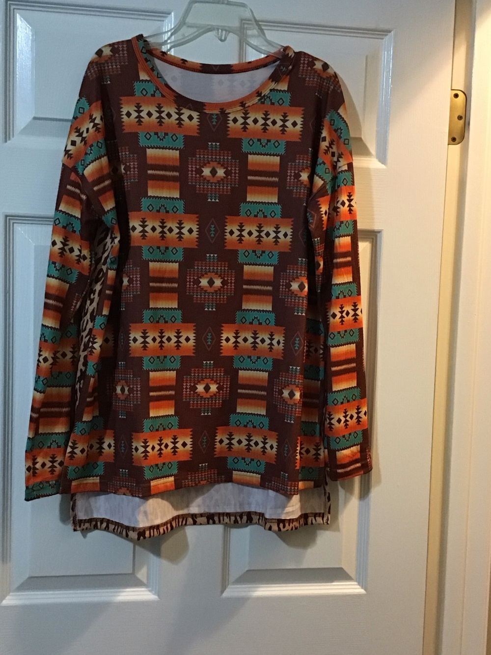 Southwestern Print Long Sleeve Tunic Top in Brown & Teal